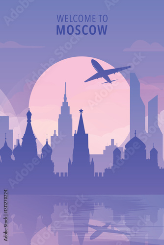 Welcome to Moscow, Russia. Gradient city poster, card with shapes of skyline, waterfront and airplane.  Cool travel vector illustration, print, graphic