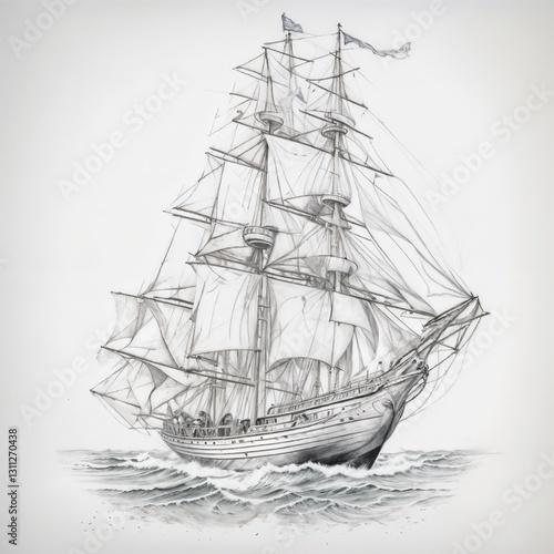 Wallpaper Mural Detailed black and white illustration of a sailing ship in motion, historic ship with masts and sails, waves and flags Torontodigital.ca