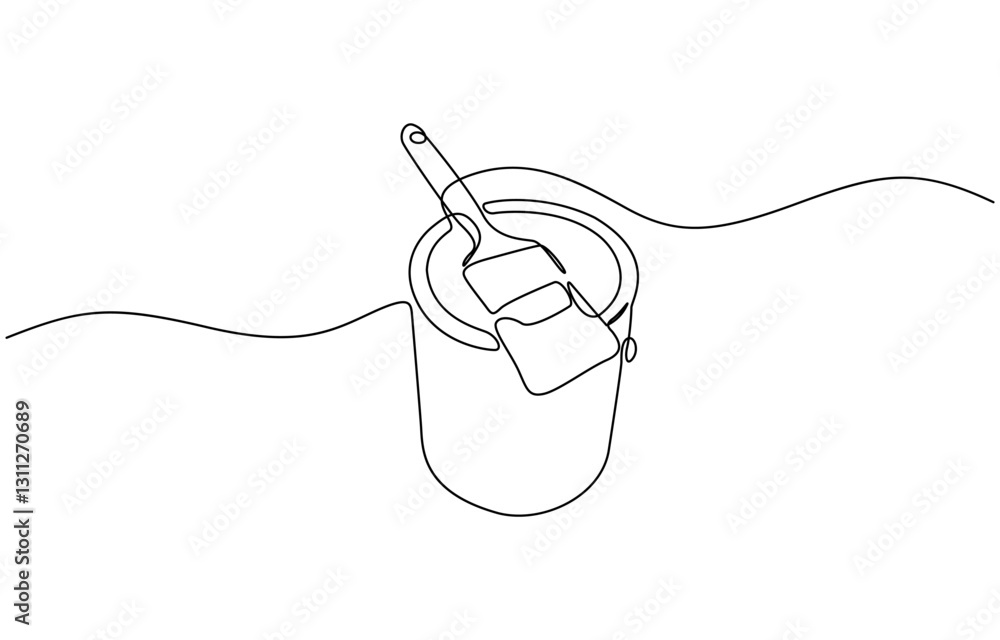 Fototapeta premium Continuous line drawing of paint can and brush, Construction and repair. A wide brush and a can of paint. Can of paint brush one continuous line drawing vector.