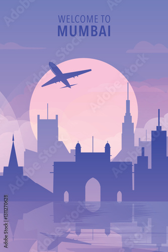 Welcome to Mumbai, India. Gradient city poster, card with shapes of skyline, waterfront and airplane. Asia travel vector illustration, print, graphic