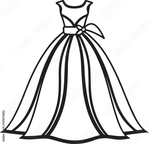 bridal dress line art, black outline, vector and illustration, coloring book page line art drawing