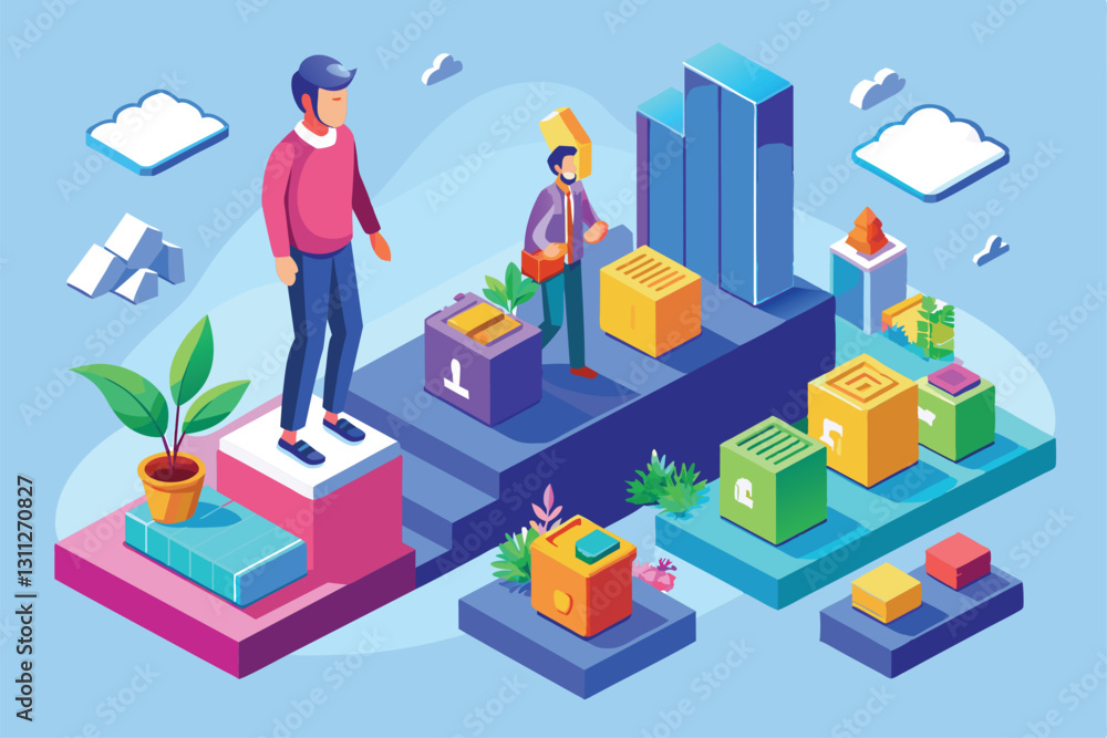 Individuals navigate a colorful isometric landscape, engaging with blocks representing personal growth, Personal growth Customizable Isometric Illustration Individuals navigate a colorful isometric landscape, engaging with blocks representing personal growth, Personal growth Customizable Isometric Illustration
