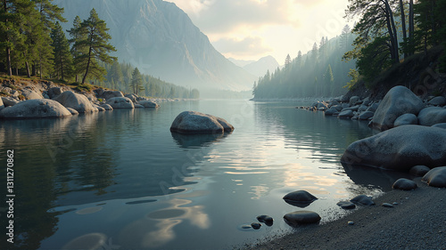 realistics A peaceful dance of reflections and textures unfolds as rocks and water harmoniously coexist on serene riverbank or shore