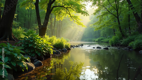 Serene Meandering Brook Flowing Through Green Forest, Sunlight Filtering Through Foliage to Create a Mesmerizing Display on the Tranquil Water Surface