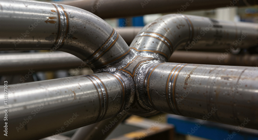 Welded steel pipe joints with visible smooth seams, industrial pipeline construction, modern welding quality control
Welded steel pipe joints with visible smooth seams, industrial pipeline construction, modern welding quality control