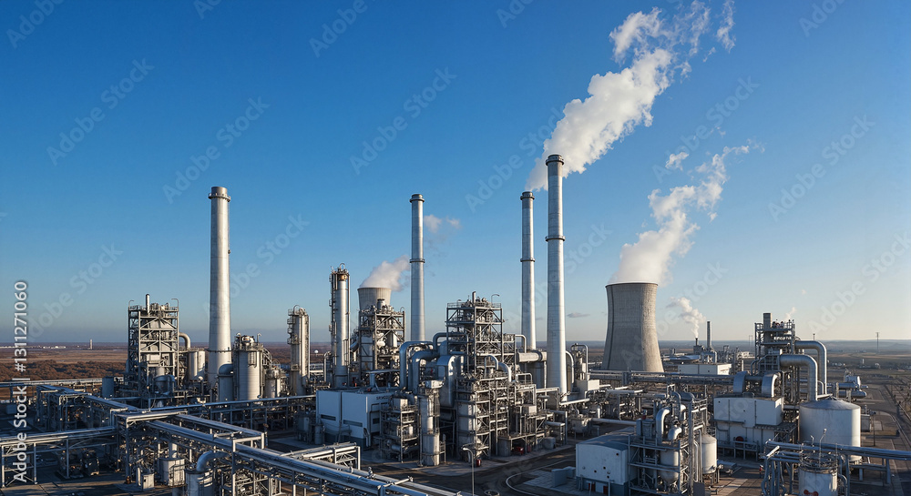 Industrial complex with smoke stacks against clear blue sky Industrial complex with smoke stacks against clear blue sky