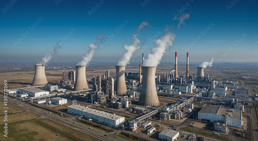 Industrial power plant with cooling towers and smoke emissions Industrial power plant with cooling towers and smoke emissions