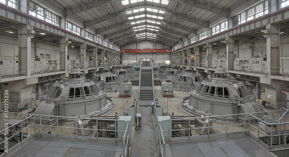 Modern hydroelectric power station with large water turbines and control mechanisms, renewable energy production theme, copy space
Modern hydroelectric power station with large water turbines and control mechanisms, renewable energy production theme, copy space