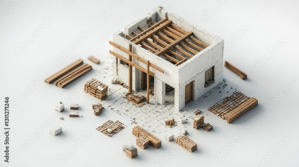 Miniature demolished house under construction, isometric view, potential use in architectural or construction design Miniature demolished house under construction, isometric view, potential use in architectural or construction design