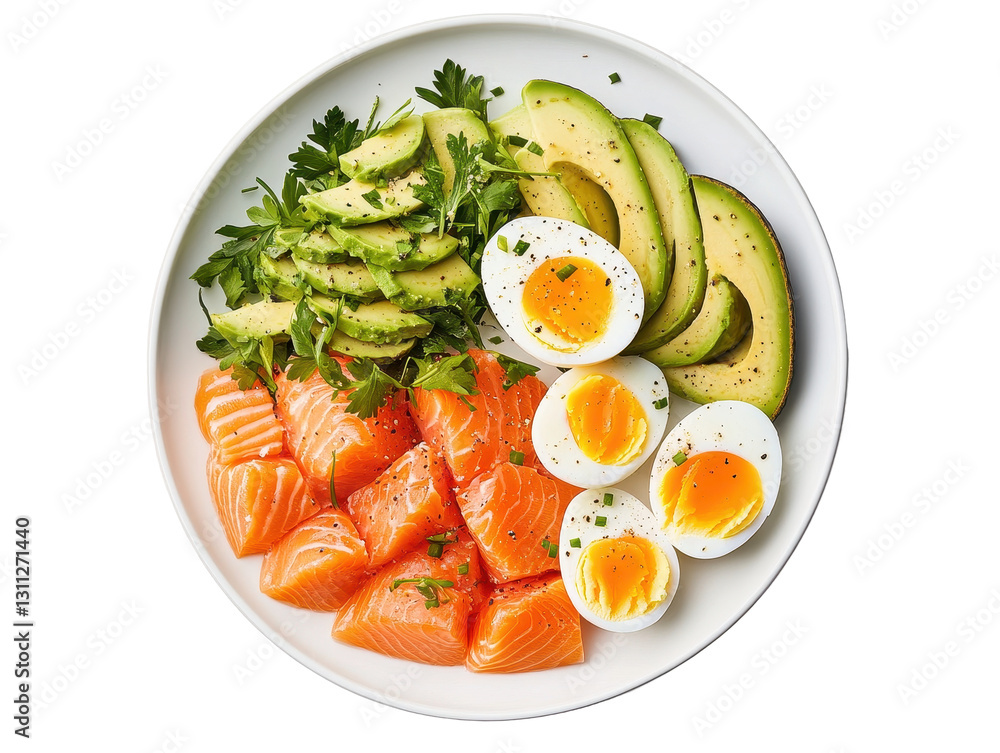 Isolated Salmon, Avocado and Eggs Plate Isolated Salmon, Avocado and Eggs Plate