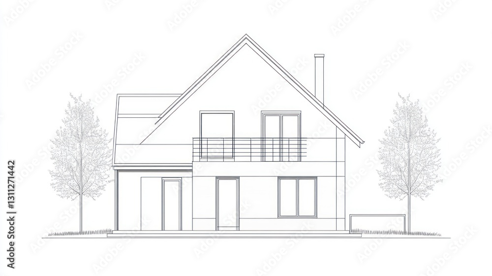 House Architectural Drawing, Front Elevation, Modern Design, Outdoor View House Architectural Drawing, Front Elevation, Modern Design, Outdoor View