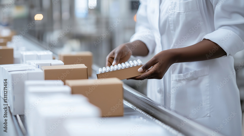 Obraz premium Worker Packing Pills in Factory Shipping Boxes