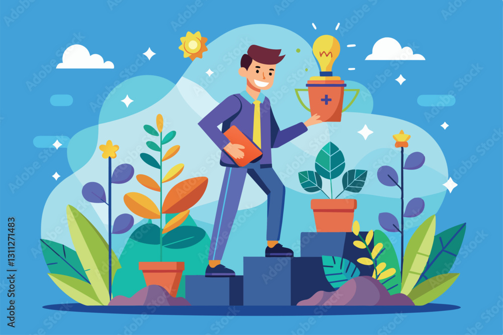 A cheerful individual stands on steps, proudly holding a trophy symbolizing personal growth amidst greenery, Personal growth Customizable Semi Flat Illustration A cheerful individual stands on steps, proudly holding a trophy symbolizing personal growth amidst greenery, Personal growth Customizable Semi Flat Illustration