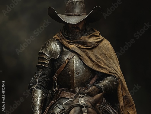 A knight in armor on horseback, poised for action.