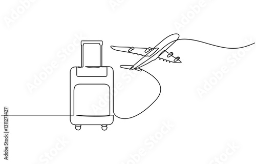 Suitcase and airplane in one continuous line drawing, Travel continuous line drawing with color shapes, Suitcase and airplane in one continuous line drawing.