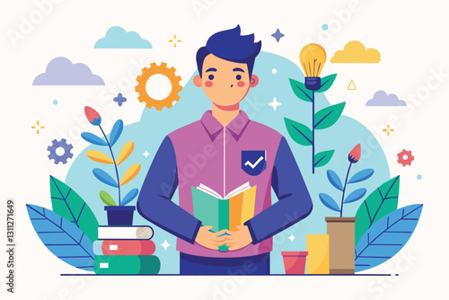 A young individual stands proudly holding a book, surrounded by plants and icons representing growth, Personal growth Customizable Semi Flat Illustration