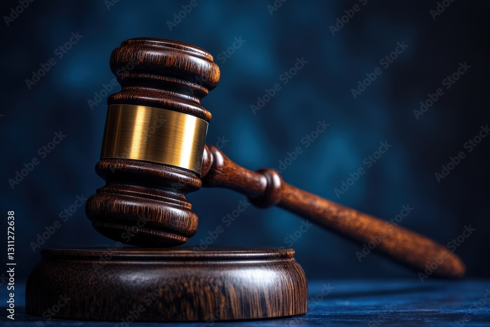 Dark wood gavel with gold band rests on sound block. Illustrates justice, law, court, or legal themes. Dark wood gavel with gold band rests on sound block. Illustrates justice, law, court, or legal themes.