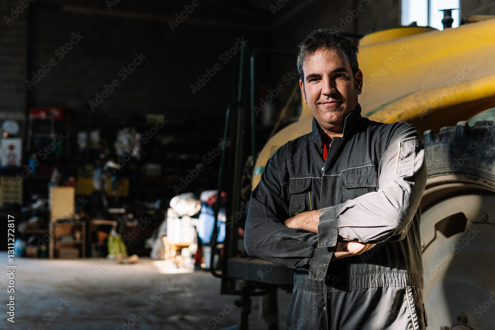 Fototapeta premium Portrait of smiling farmer with arms crossed in barn workshop with tractor