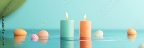 Easter party concept with candles and colorful eggs tranquil setting relaxed atmosphere minimalist view