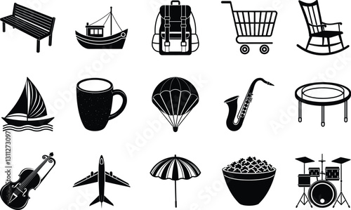 Diverse Leisure Icons Travel, Music, Sports, and Relaxation