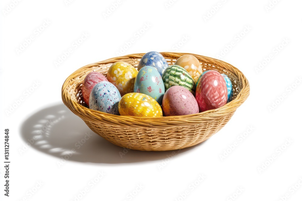 A neatly arranged wicker basket with vividly painted Easter eggs in pink, blue, yellow, and green, ultra-realistic shadows, isolated on white A neatly arranged wicker basket with vividly painted Easter eggs in pink, blue, yellow, and green, ultra-realistic shadows, isolated on white