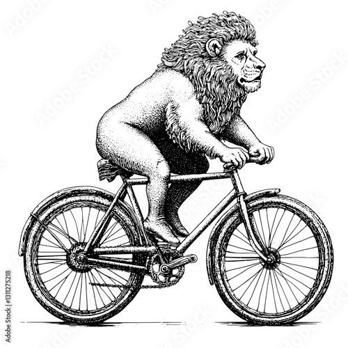 Engaging lion riding a bicycle in a whimsical, artistic engraved style for tattoo and packaging design