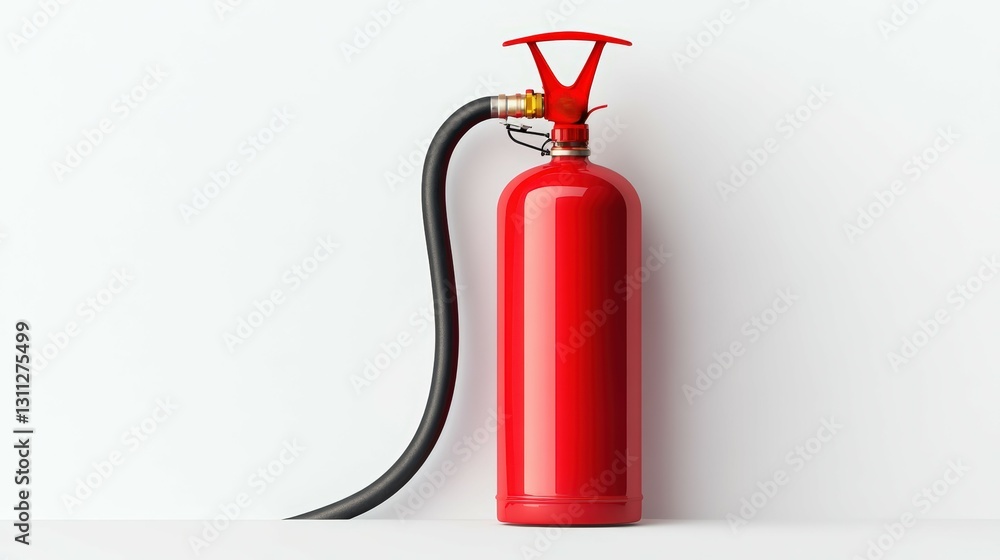 Obraz premium A vibrant red fire extinguisher with a black hose, symbolizing safety and fire prevention in homes and workplaces.