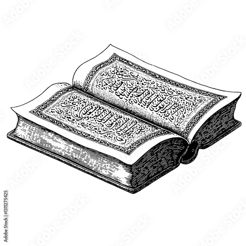 Intricate engraved illustration of an open ancient book filled with ornate script and intricate designs for artistic decoration