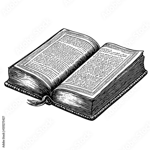 Intricate Engraving of an Open Book Showcasing Classic Literature Design with Vintage Appeal for Tattoos and Packaging