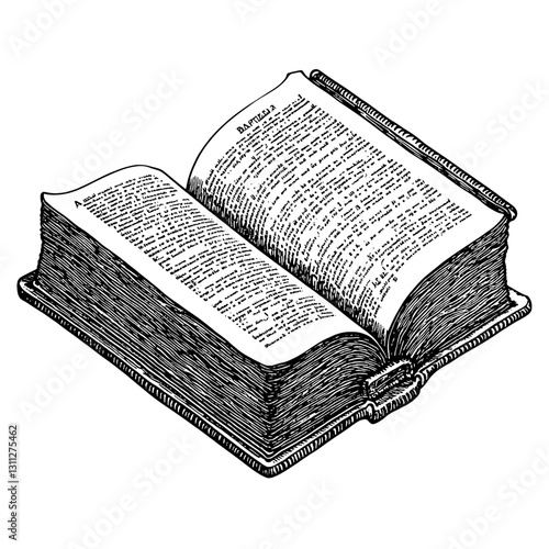 Engraved vector illustration of an open book with detailed text layout suitable for tattoo art and packaging design