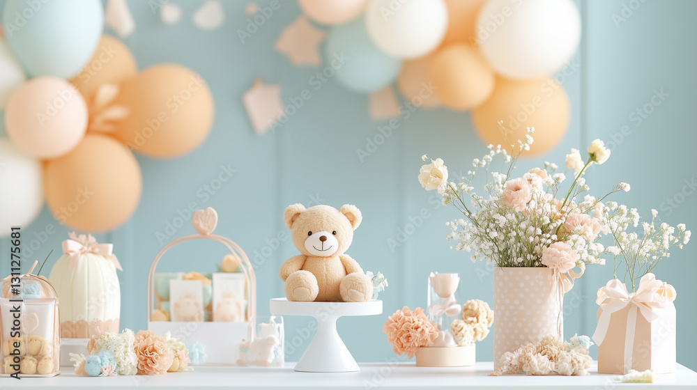 Soft pastel-themed baby shower decor with teddy bear centerpiece Soft pastel-themed baby shower decor with teddy bear centerpiece