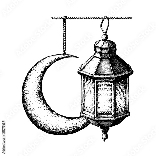 Engraved illustration of a moon and lantern design, perfect for tattoo art and intricate packaging aesthetics