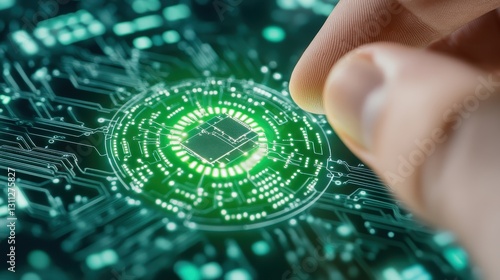 Futuristic Circuit Closeup With Glowing Green Chip.