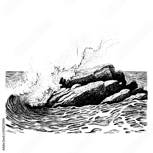 Engraved illustration of crashing waves against rocky shore creating a dramatic sea landscape suitable for tattoo or packaging design