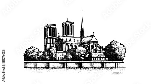 Engraved vector illustration of a historical cathedral with intricate details designed for tattoos and packaging art