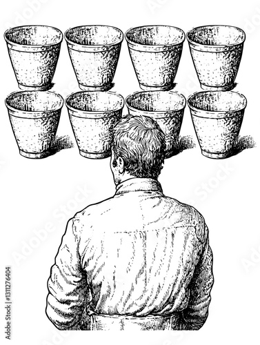 Exploration of artistry and expression in a collection of engraved pots captured in a timeless vector illustration