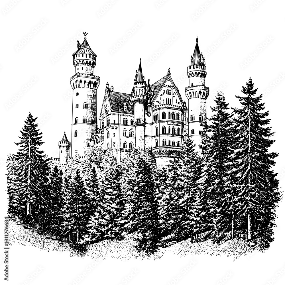 Obraz premium Majestic castle surrounded by lush forests captures timeless beauty and intricate architectural design