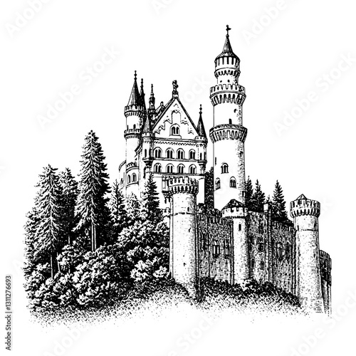 Unique engraved illustration of a majestic castle surrounded by dense forest showcasing intricate architectural details