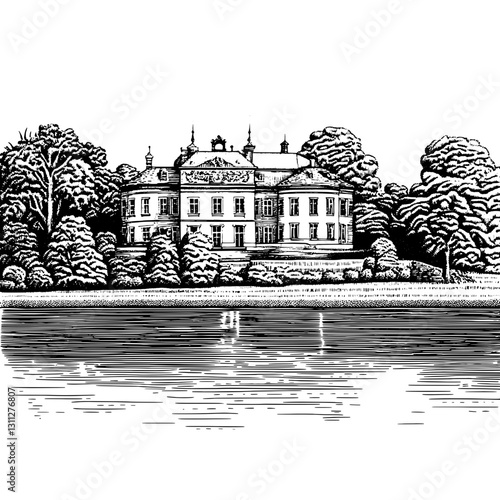Engraved illustration showcasing a serene mansion by the water with lush trees on a calm day, ideal for tattoo and packaging design inspiration