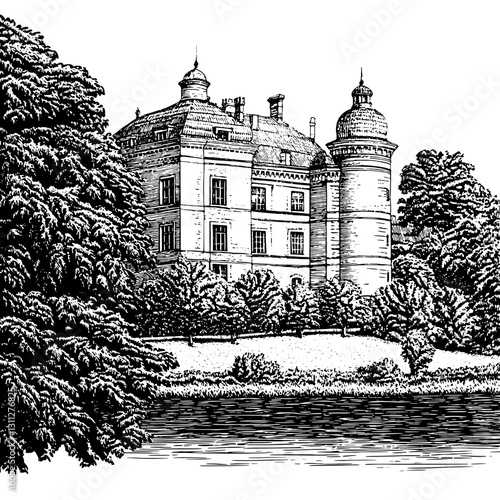 Engraved illustration showcasing a stately building nestled among trees by a serene body of water in a tranquil landscape