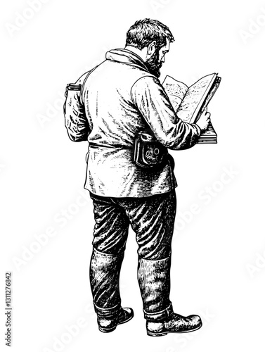 A detailed engraving showcases a man, deeply engrossed in a large book, displaying a rich connection to literature and learning