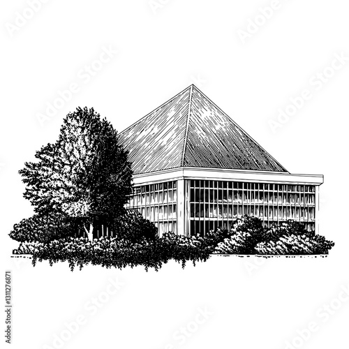 Artistic engraved illustration of a modern architectural marvel surrounded by lush greenery showcasing innovative design and natural harmony