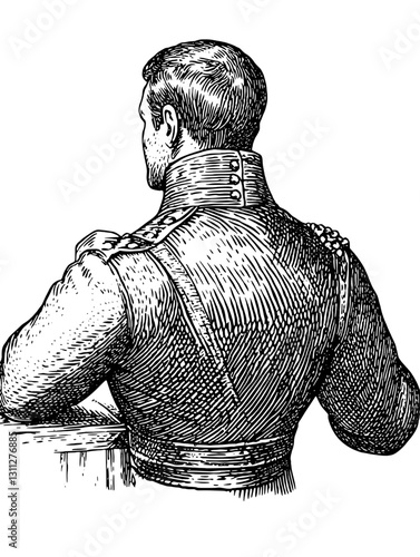 Engraved illustration of a soldier in period uniform, showcasing intricate details for creative tattoo and packaging design