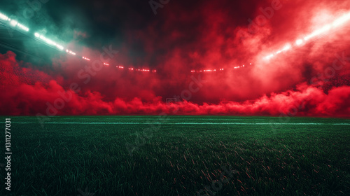 Red smoke and green grass in football or soccer stadion, background for sport commercials
