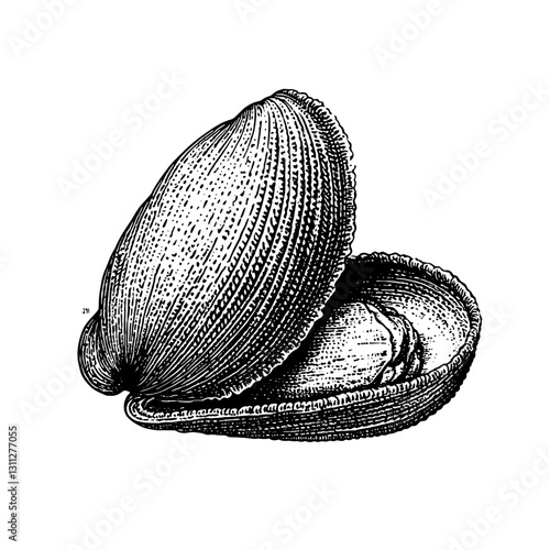 Engraved illustration of a beautifully detailed clam shell showcasing intricate textures and design for art and packaging inspiration