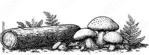 Engraved illustration of mushrooms and a log in a tranquil forest setting perfect for tattoo or packaging design