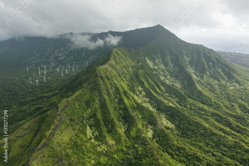 White windmills are lined up on green land and disappear into the horizon in this aerial view photo