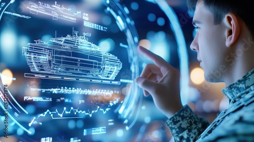 Soldier Interacting With Futuristic Tank Hologram.