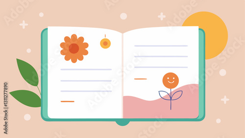 Wellness Journal An open journal with doodles of flowers and sun with text prompts like How I feel today and Screenfree time symbolizing reflection away from screens.