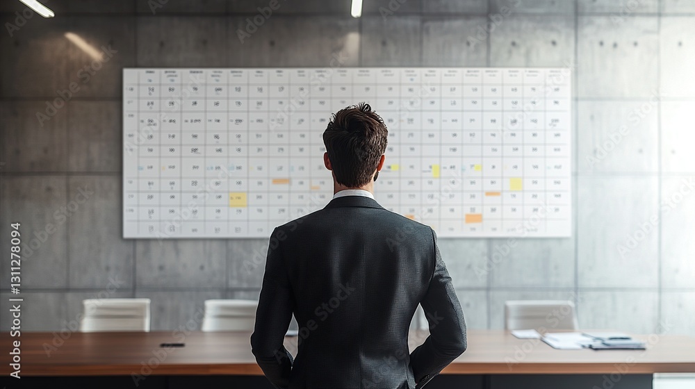 Fototapeta premium Businessman reviewing project schedule on a large whiteboard in modern office. Strategic planning and management concept.